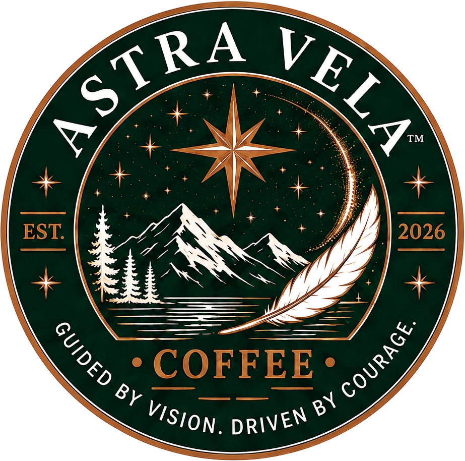Astra Vela mark with north star, mountains, water and feather