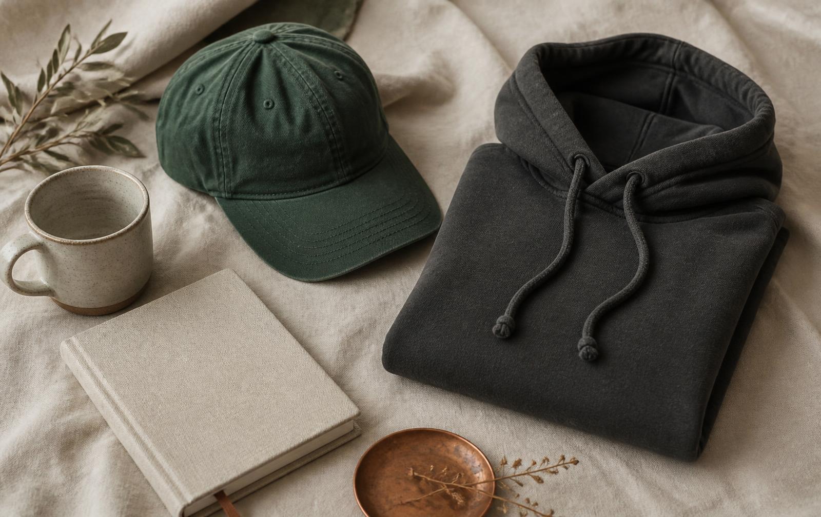A cap, hoodie and stoneware mug arranged on cream linen