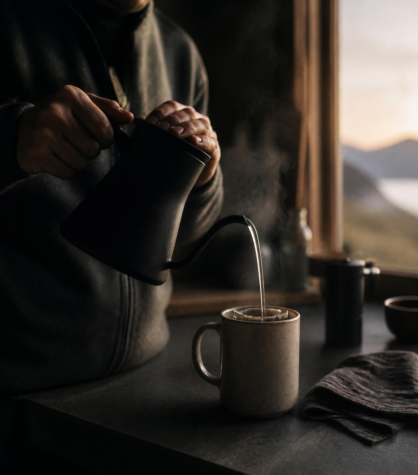 Pouring coffee by a window before sunrise